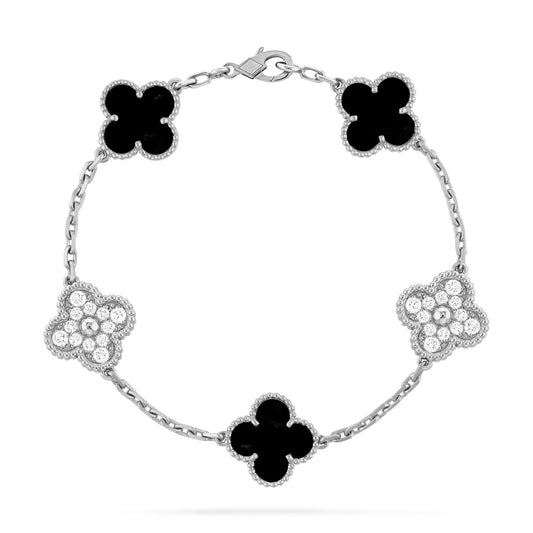 Black Crystal Clover Bracelet - Silver